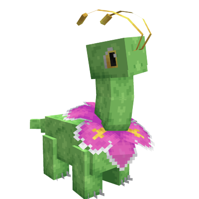 A Meganium with a pink flower on its neck instead of the typical red