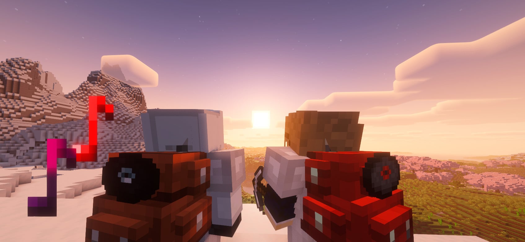 Two players looking at sunrise from the mountain top, while one of them plays music in backpack's jukebox.