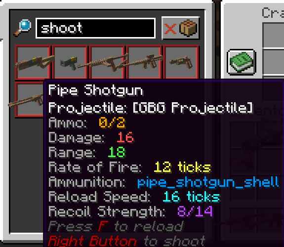 The crafting table recipe book showing the pipe guns listed