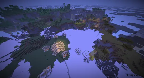 showcase of overworld at night, top, surfaced ocean ruin and plains village