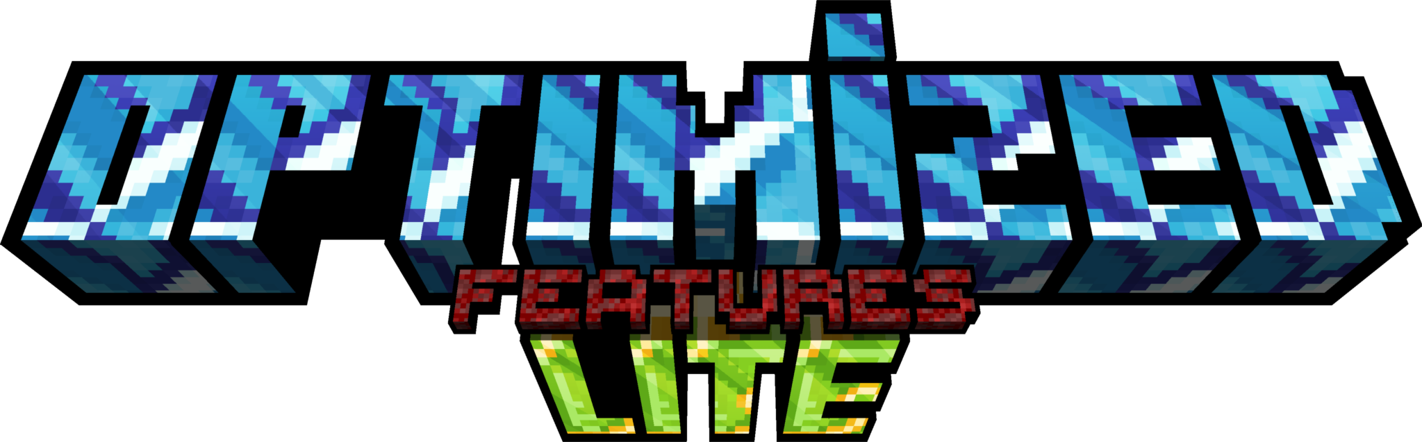 The big logo of the modpack. It says 'Optimized Features Light'. 'Optimized' has light blue glazed terracotta as an background and 'Features' has an red background. 'Lite' has a green color. The 'i' in 'Optimized' also has an outstanding dot.