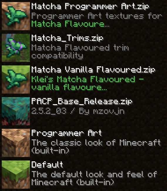 Screenshot of the resource pack load order from the in game screen