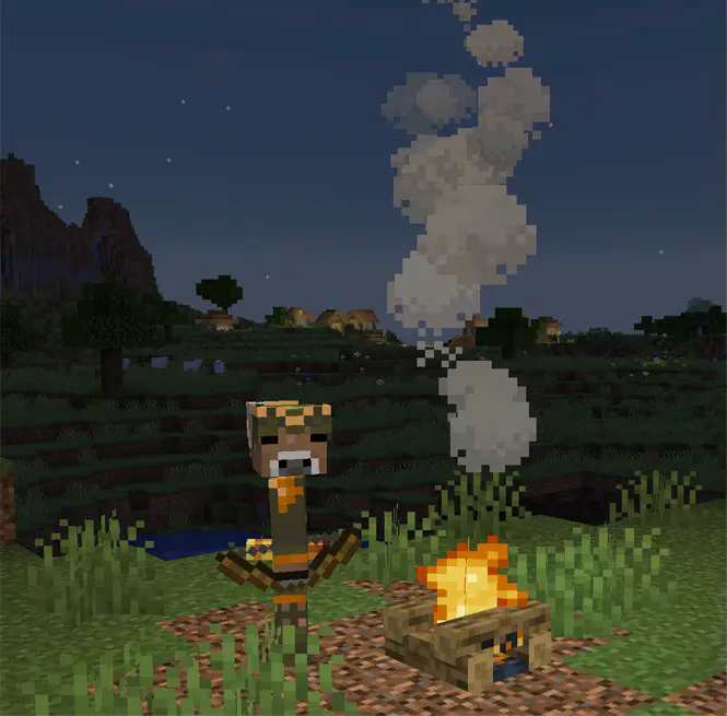 A cow wearing a colonial soldier's uniform is seen holding a spyglass and bow next to a campfire, with a village shown in the distance.