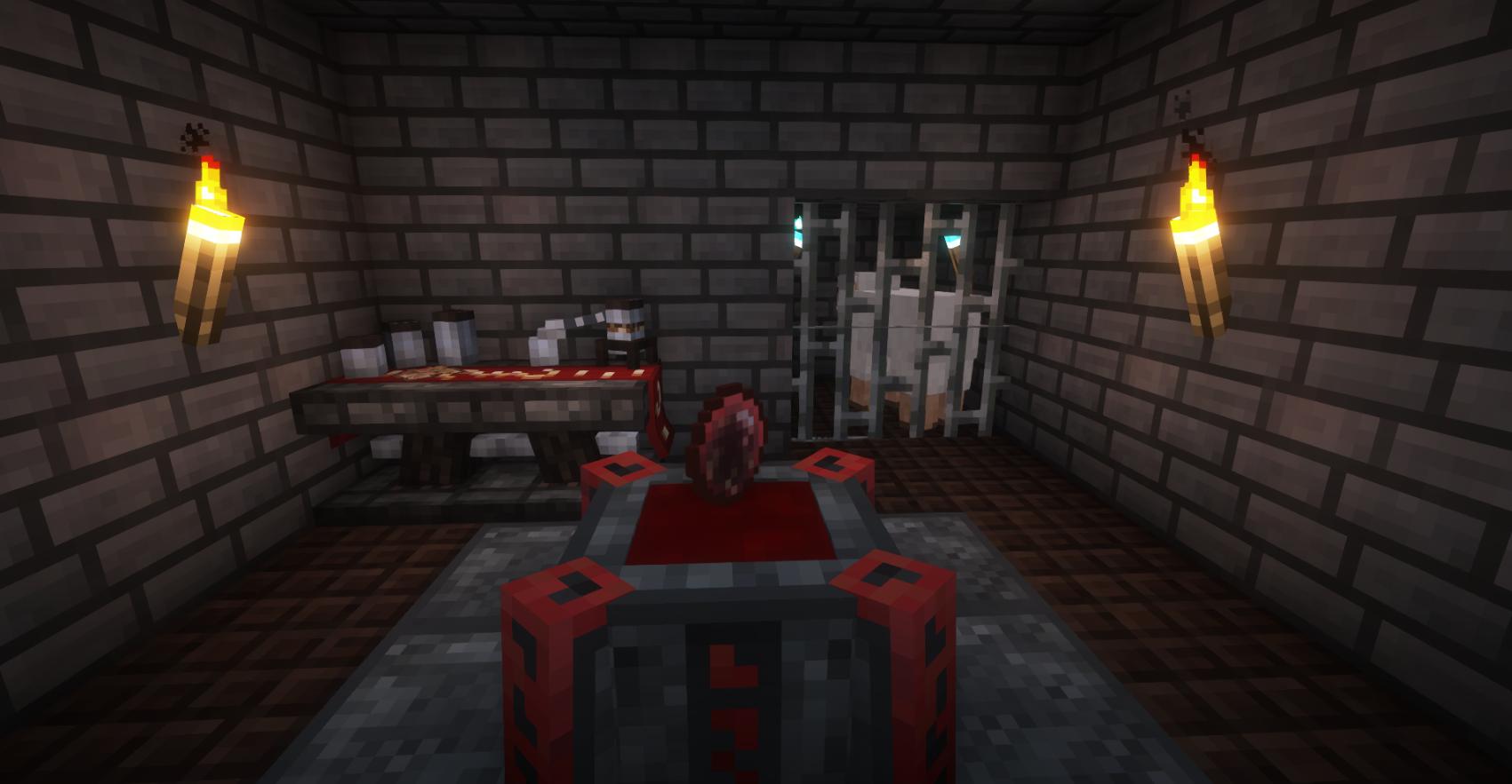 Dark room with blood altar in the middle. Behind it are alchemy table and sacrficial lamb