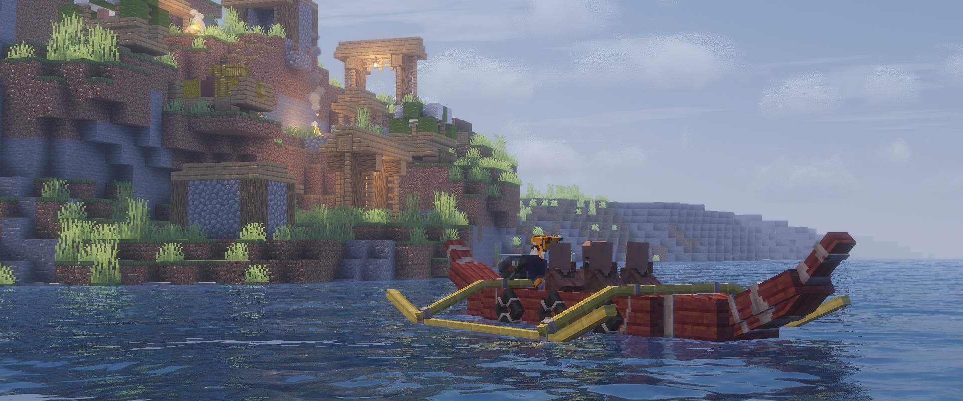Motorboat sailing by a tavern