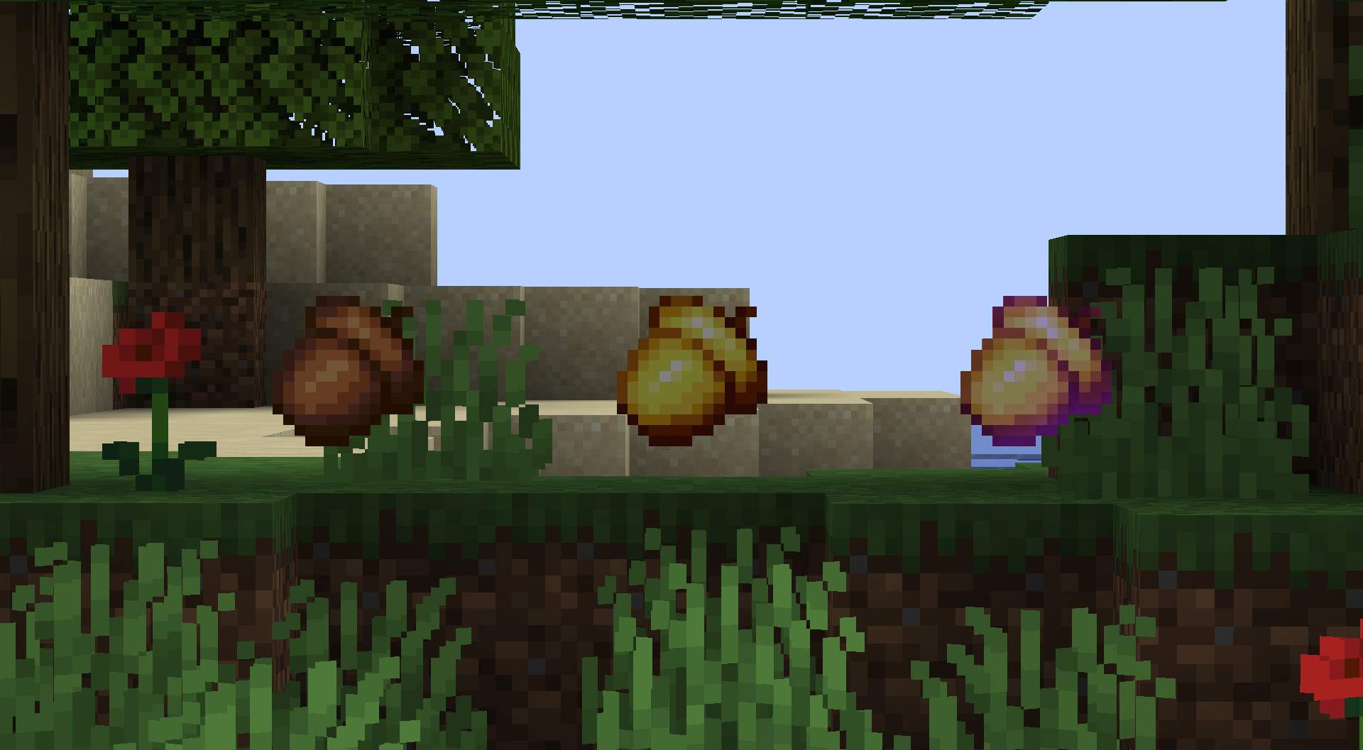 The three apples in minecraft, all sporting their new acorn retextures.