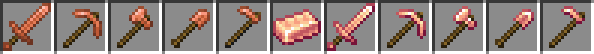 From left to right: Copper Sword, Copper Pickaxe, Copper Axe, Copper Shovel, Copper Hoe, Rose Gold Ingot, Rose Gold Sword, Rose Gold Pickaxe, Rose Gold Axe, Rose Gold Shovel, Rose Gold Hoe