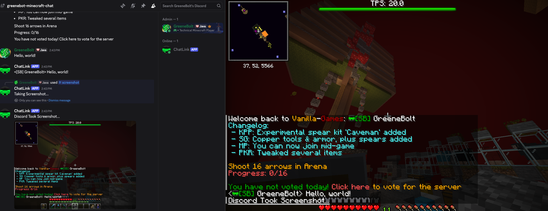 Demo image: Discord and Minecraft are perfectly linked on a multiplayer server.
