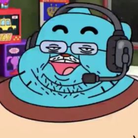 Obese, unkempt Gumball Watterson wears a gaming headset and speaks passionately into the audience's POV