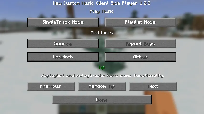 Mod's main screen, you can access mod links, view tips and select play mode here