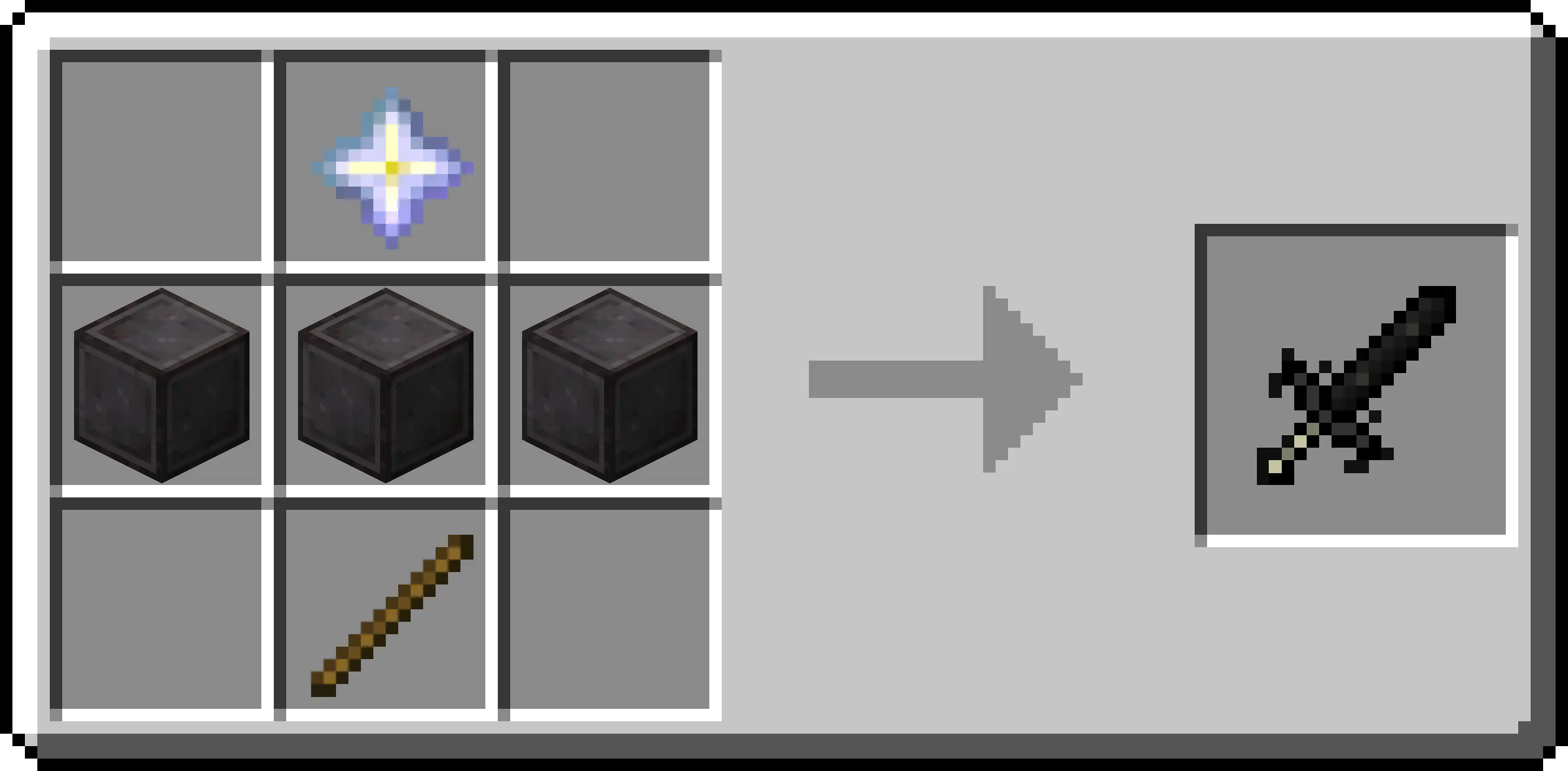 Recipe for the Wither Whacker has a Nether Star in Row 1 Column 2, Netherite Blocks across Row 2, and a Stick in Row 3 Column 2