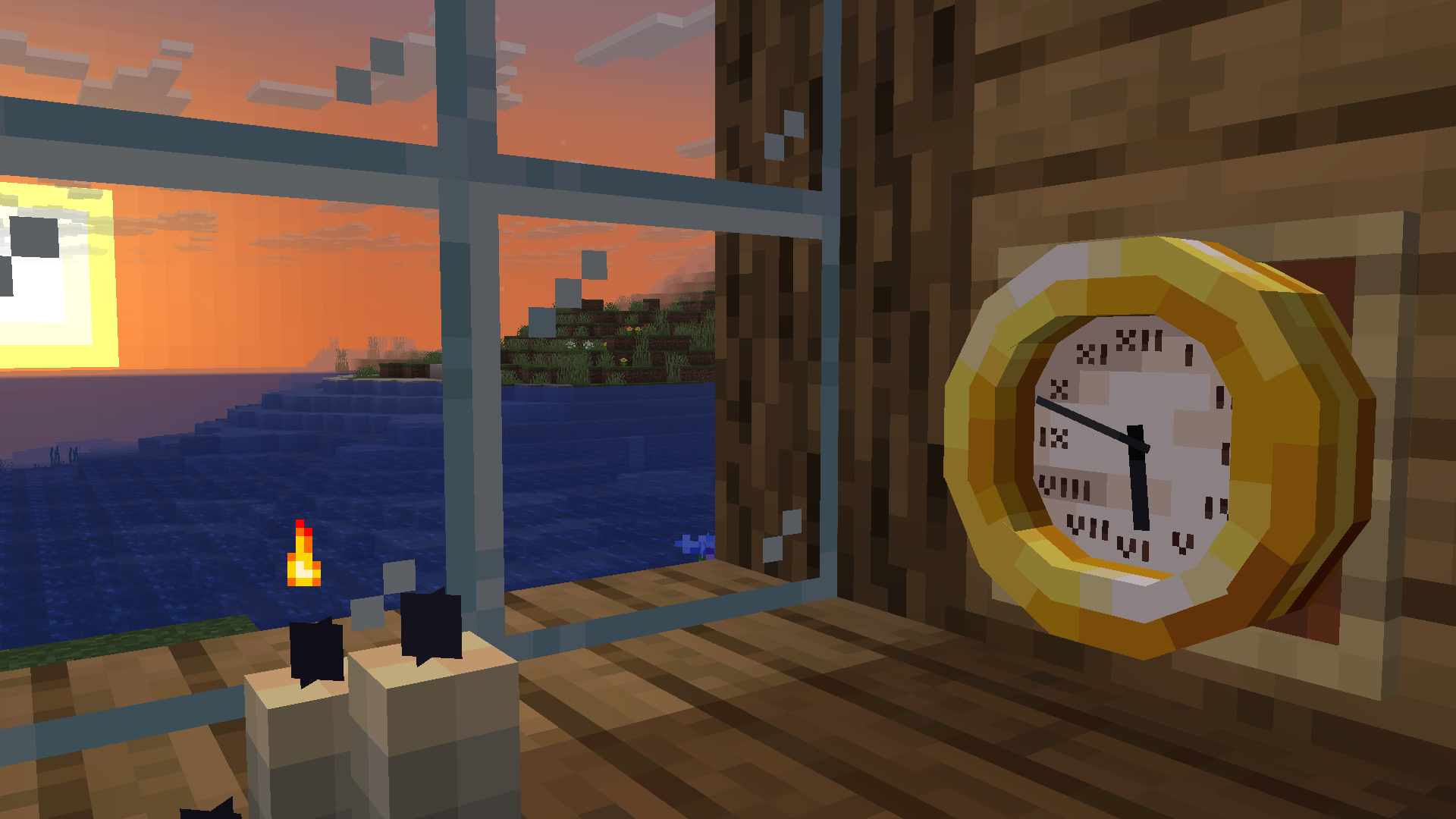 A 3D clock in an item frame in front of a window