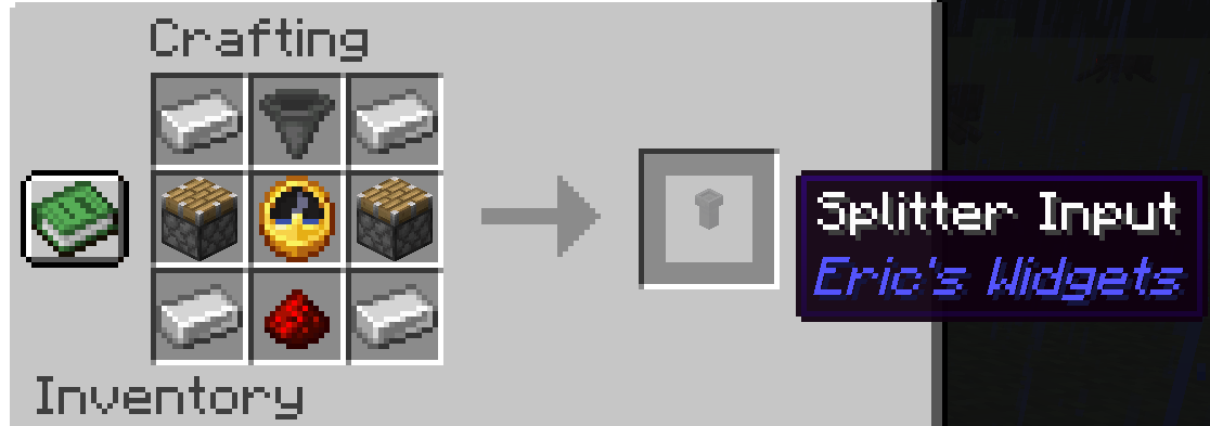 Splitter Input Recipe - Iron, Hopper, Iron, Piston, Clock, Piston, Iron, Redstone, Iron