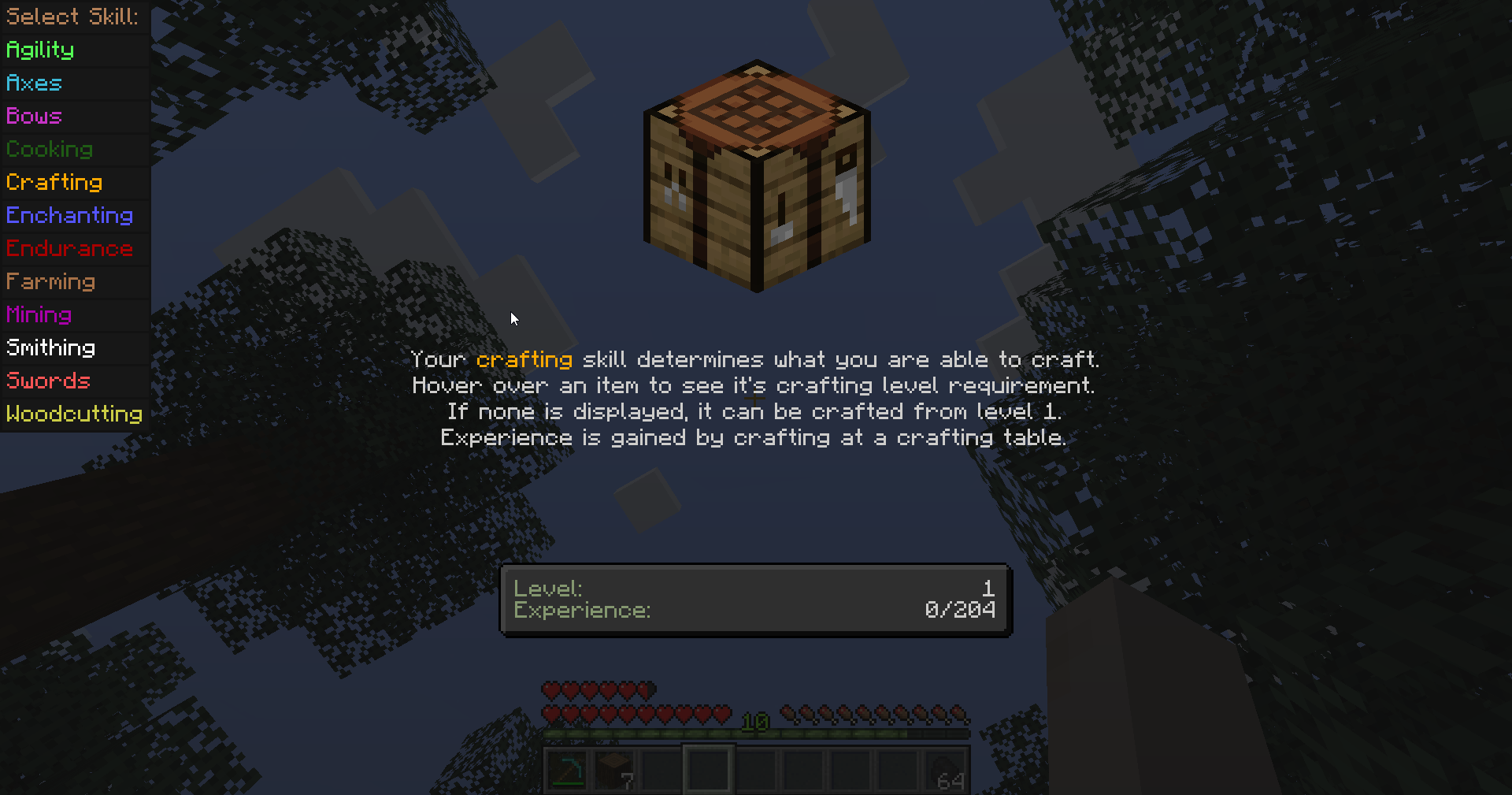 Crafting skill screen