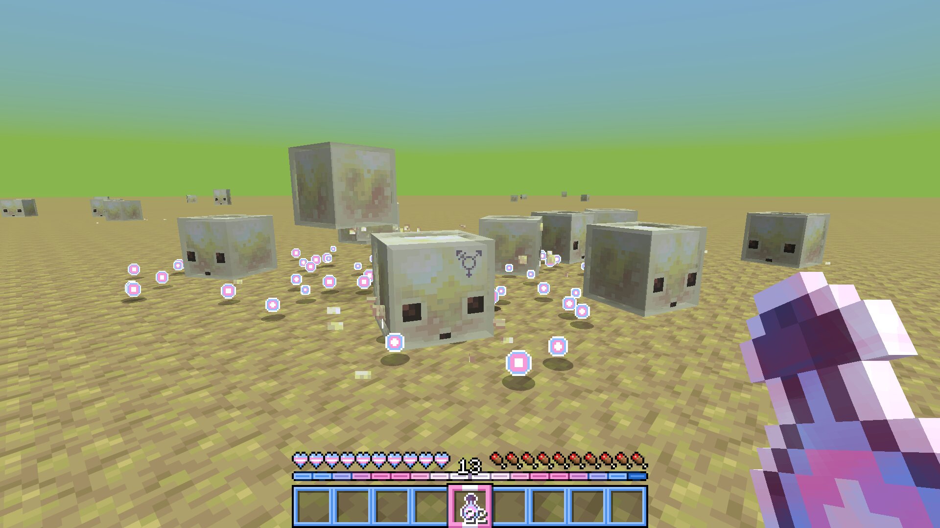 multiple sulfur cubes in a bunch of experience orbs in a superflat world made of sulfur 