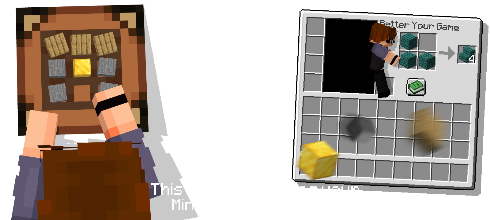 Left have a girl with a crafting table, in this crafting table has a crafting for bell and right have a inventory that minecraft skin go outside for craft a slab