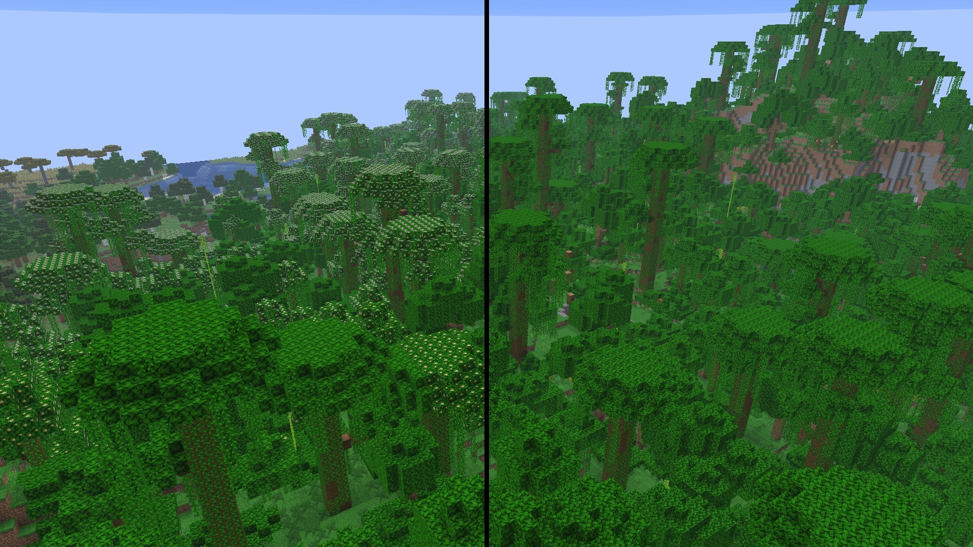Comparison before and after the changes. Left part (VTF is disabled): jungle leaves are inconsistent, one can clearly find the edge between the real chunks and the simplified ones. Right part (VTF is enabled): LODs have the same texture as in vanilla.