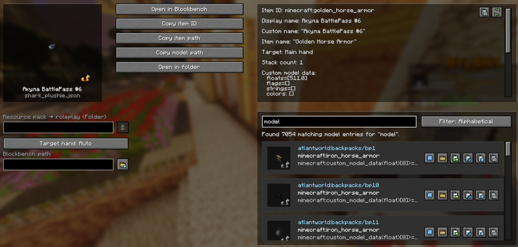 A menu that allows you to open a model in Blockbench, view the model file in a folder, and search for models by name within the resource pack.