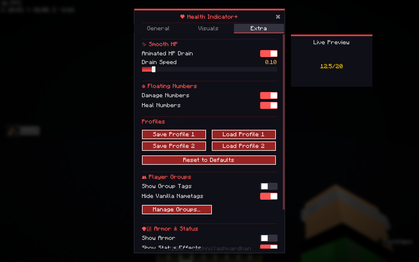 Toggle smooth HP draining animations, floating damage numbers, and save/load your custom configuration profiles.