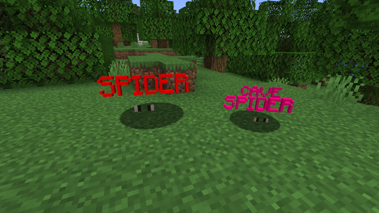 A spider and a cave spider in a forest with the resource pack enabled. Both are floating texts.