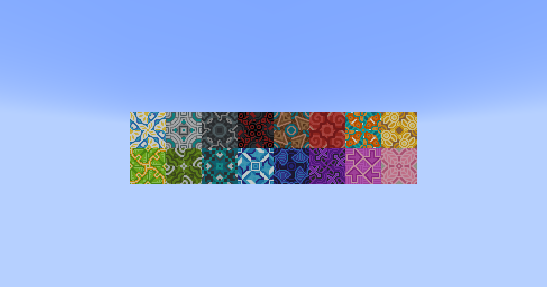 Glazed Terracotta in the following colors: White, Light Gray, Gray, Black, Brown, Red, Orange, Yellow, Lime, Green, Cyan, Light Blue, Blue, Purple, Magenta, and Pink.