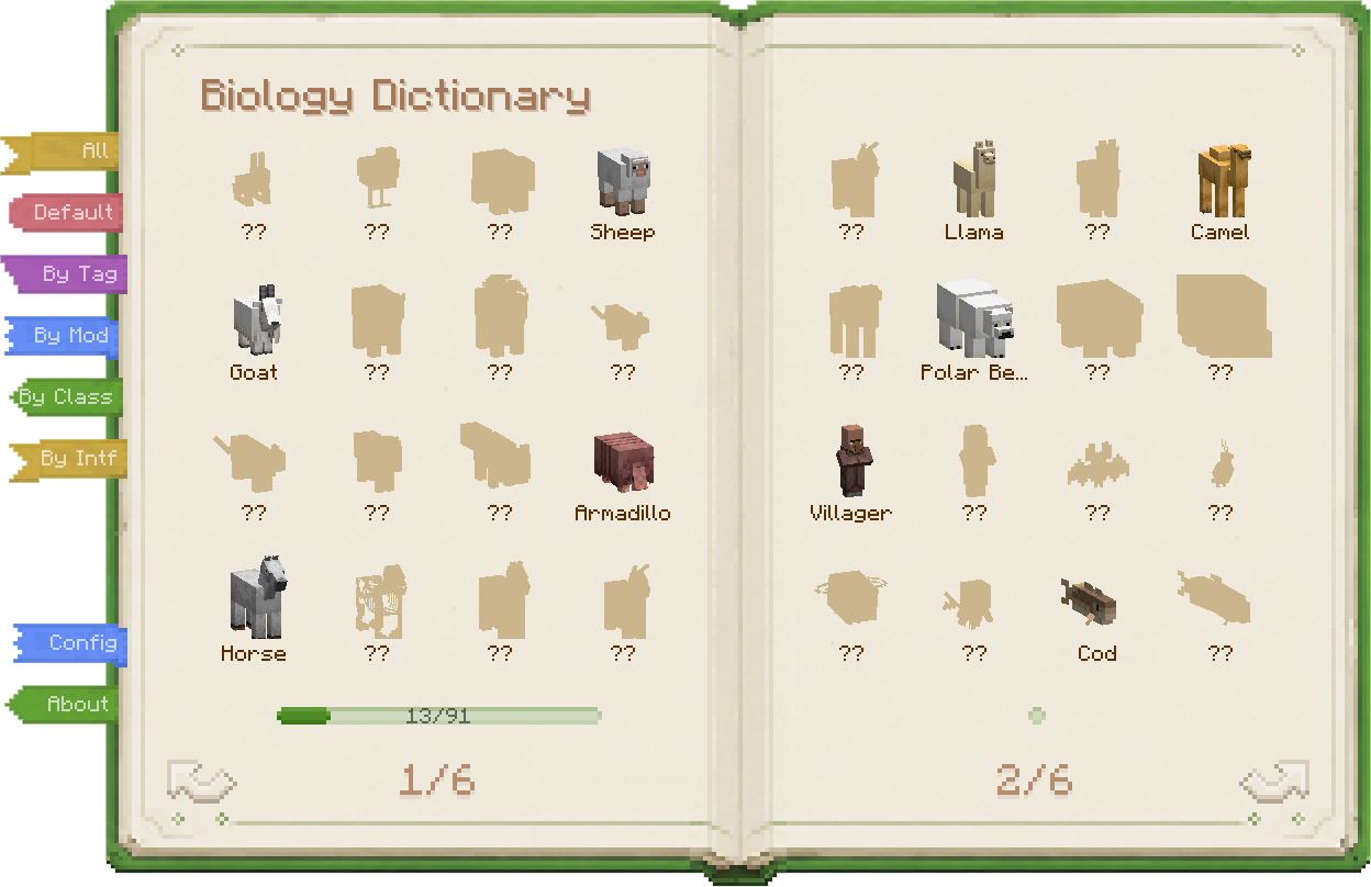 Biology Dictionary showing discovered and undiscovered mobs