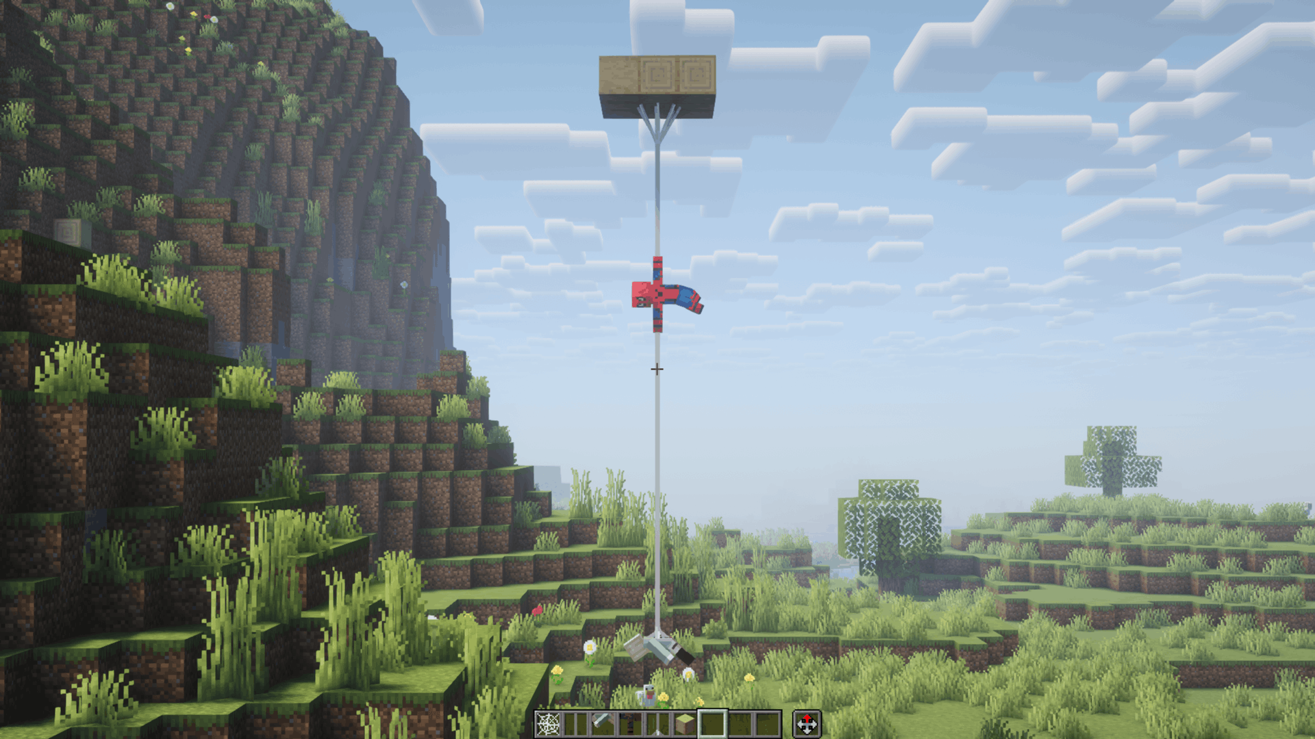1) Cobweb has been replaced by ceiling Web Wrap. 2) Magenta Stained Glass by Web Lines. 3) Jungle Leaves (one block) by Spider-Man. 4) Magenta Glasses again. 5) Pink Stained Glass by Gwen's Web Wrap. 6) Mangrove Stairs (one block) by Gwen