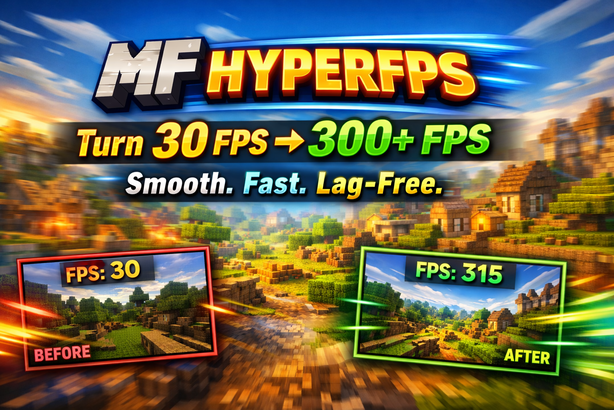 MF HyperFPS – Turn 30 FPS → 300+ FPS! A high-speed Minecraft optimization pack banner with glowing effects, motion streaks, and a dynamic before/after FPS comparison. Perfect for showing instant performance boost and smooth gameplay.