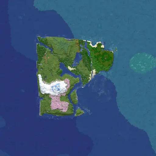 An overhead screenshot of an island surrounded by ocean. The bottom right corner of the island is covered with ocean.