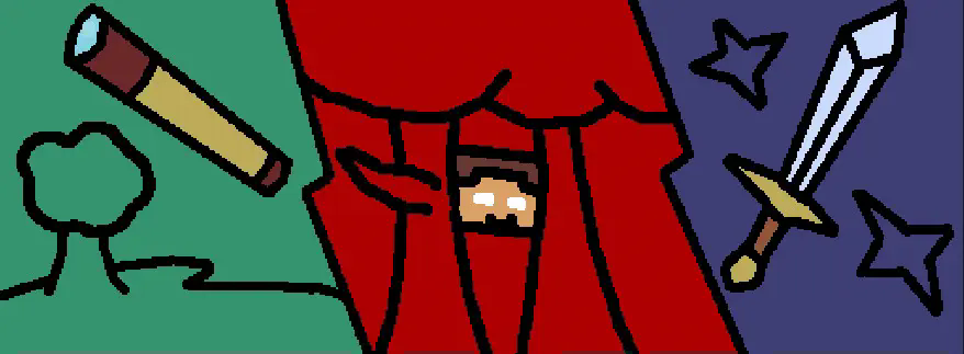 banner split into 3 sections divided by diagonal lines. the 1st section is a horror section with freddy fazbear and herobrine, the 2nd section is the exploration section with a giant adventure map background  with a giant spyglass and big compass, and the 3rd section is the combat section with a big shield with a sword design mosaic behind it