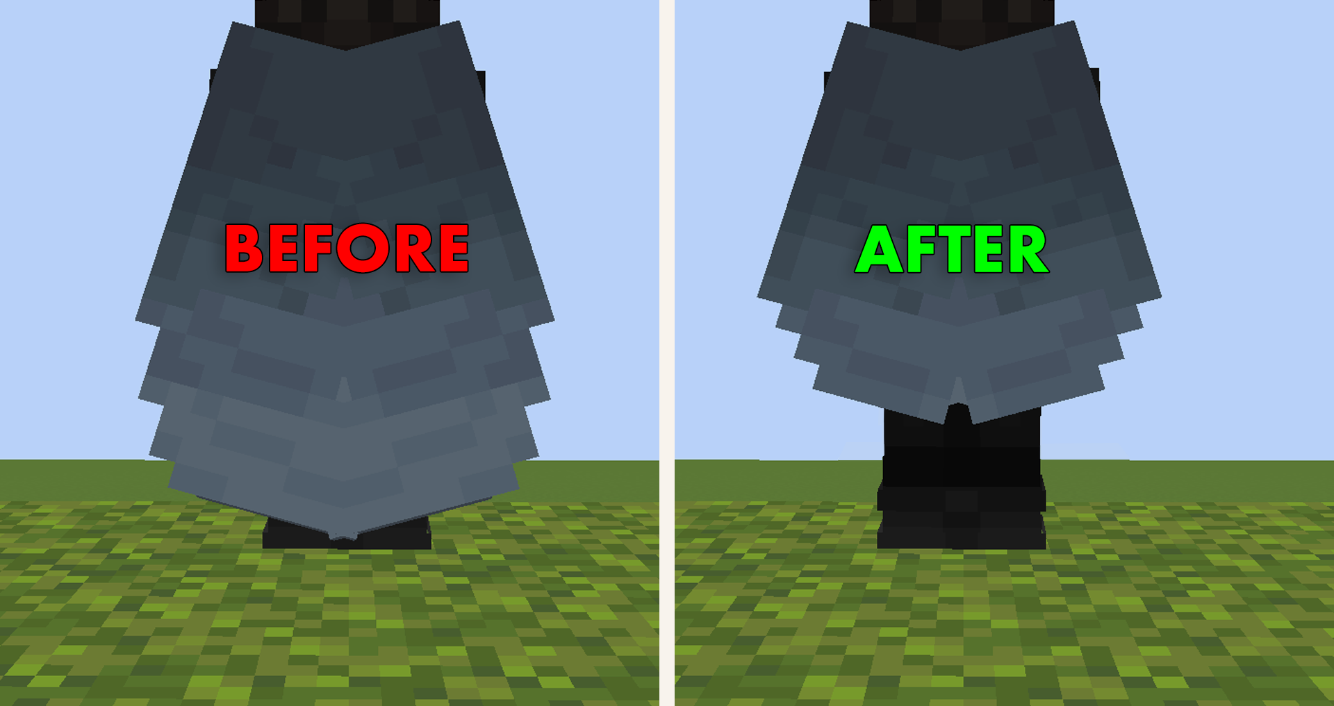 a side-by-side comparison of a player wearing the default elytra next to another player wearing the Shorter Elytra resource pack to showcase the difference in length.