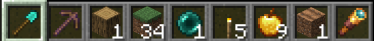 A hotbar with a diamond shovel, a pickaxe, one oak log, thirty-four grass blocks, one ender pearl, five torches, nine golden apples, one farmland block and a windshield