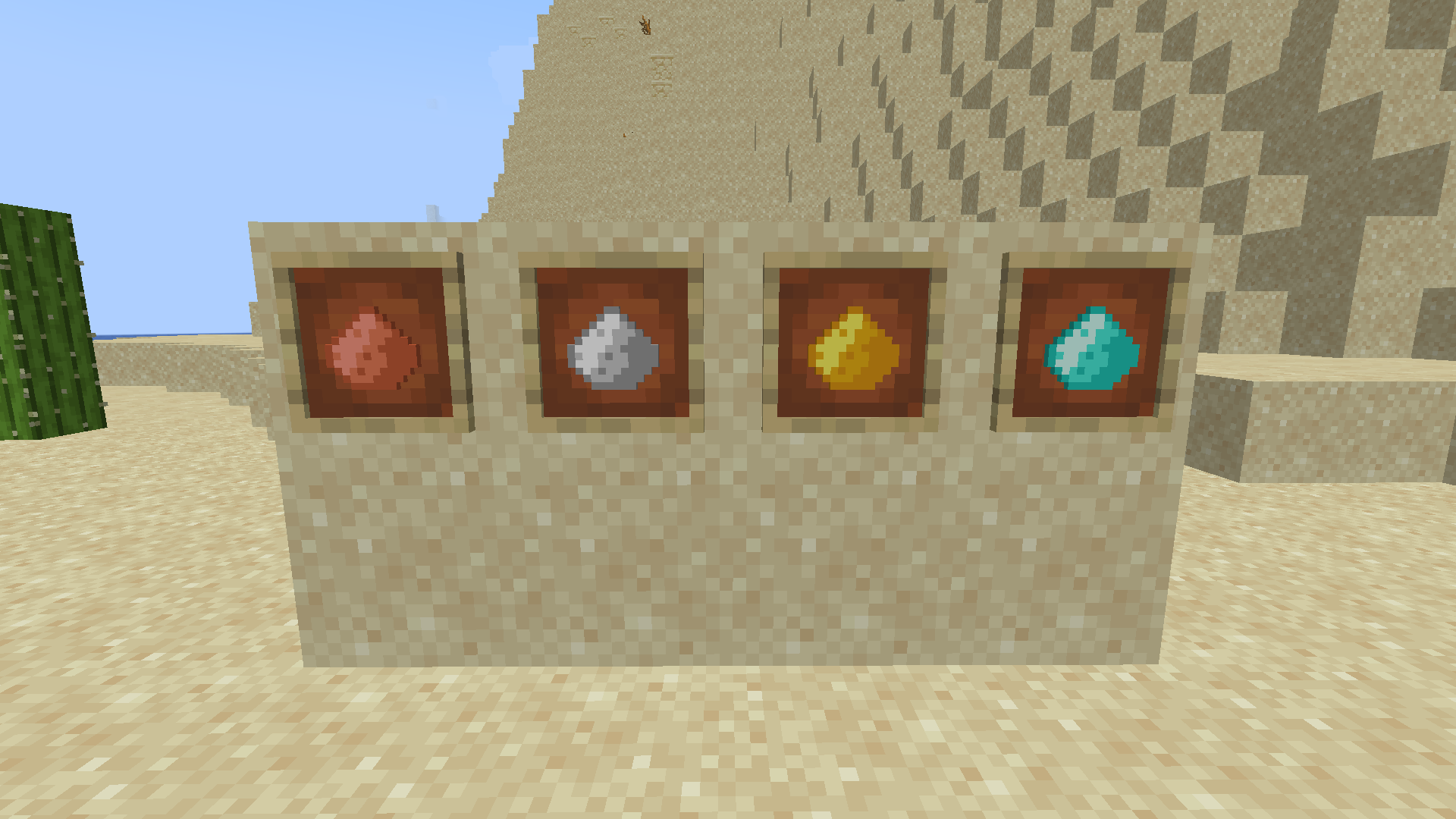 Copper, iron, gold and diamond ore dusts, in item frames