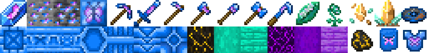A pixel-art texture sheet showing a collection of items made for this mod. It's seperated into 2 rows and is mostly blue, pink, teal and purple.