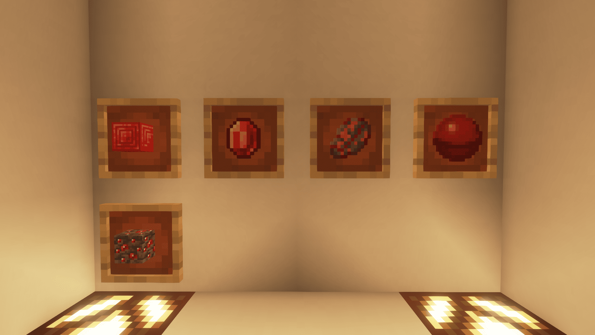 A ruby block placed in a frame, next to a ruby gemstone, a ruby vein, a ruby sphere and a ruby ore.