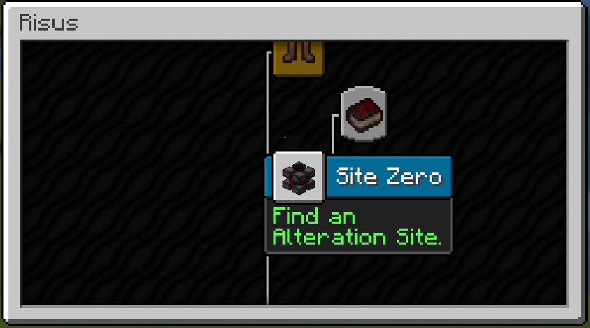 The Risus advancement tab showing the "Site Zero" advancement with the description "Find an Alteration Site."