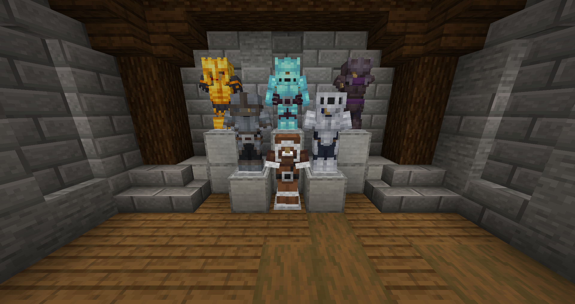 All armor sets are displayed in a small room