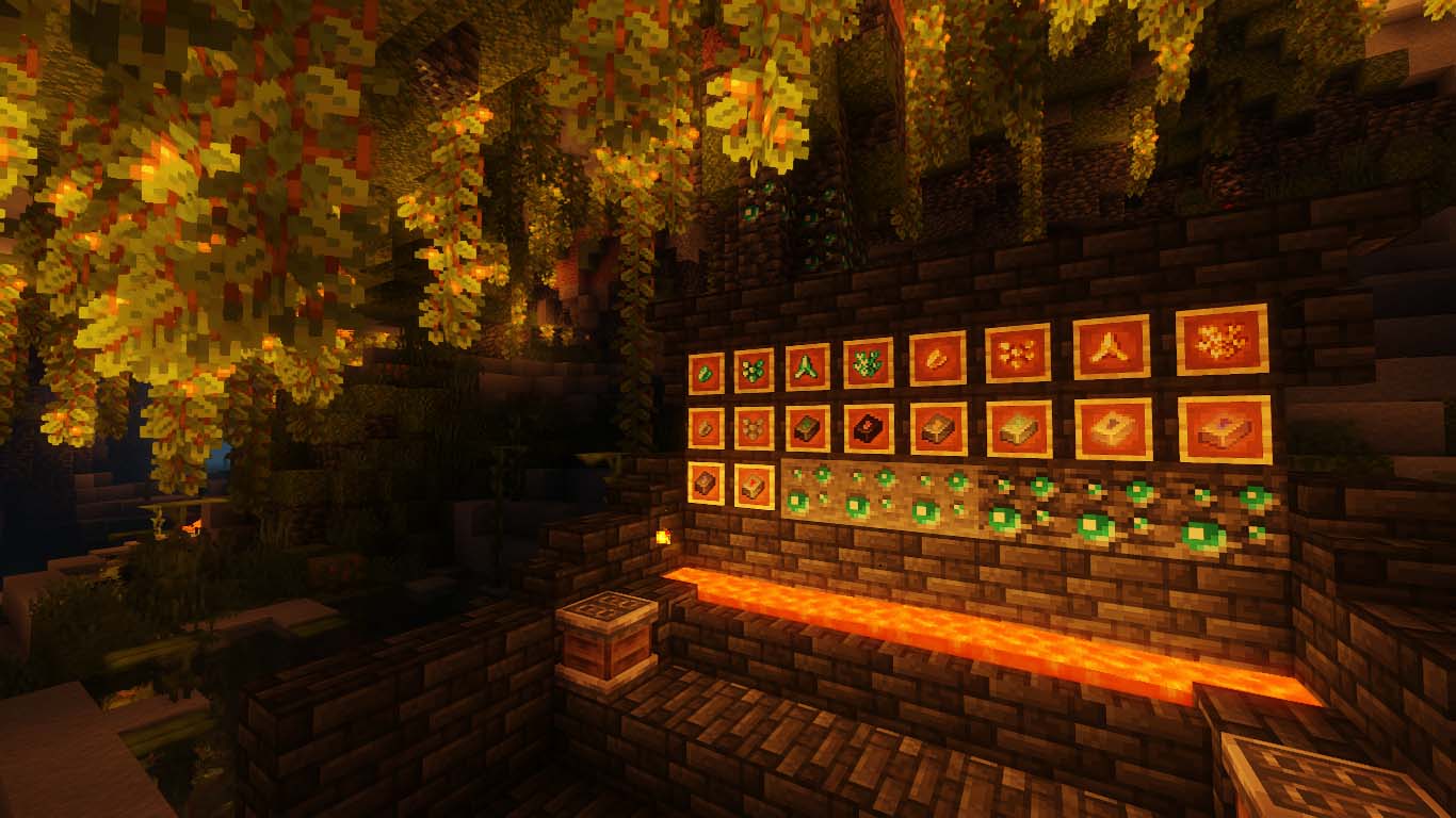 Lush cave scene: Armor crafting materials are displayed on deepslate brick walls.