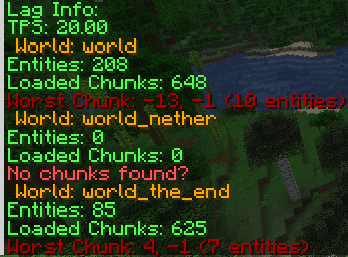 Lag Info: TPS: 20.00. World: world. Entities: 208. Loaded Chunks: 648. Worst Chunk: -13, -1 (10 entities). World: world_nether. Entities: 0. Loaded Chunks: 0. No chunks found? World: world_the_end. Entities: 85. Loaded Chunks: 625. Worst Chunk: 4, -1 (7 entities)
