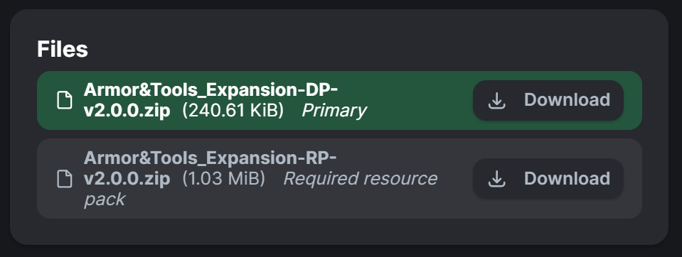 This image shows where to download the Datapack and Resource Pack (Versions tab).