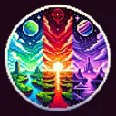 The logo for the modpack Vesper's New Frontiers. it features pixel art of a fantasy take on the Overworld, Nether, and End