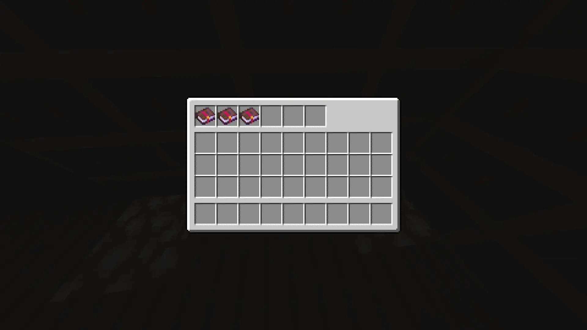 Chiseled bookshelf menu with 3 enchanted books