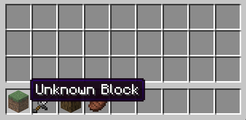 A screenshot of a player's inventory containing a few items, a grass block is highlighted and its name is displayed as "Unknown Block"