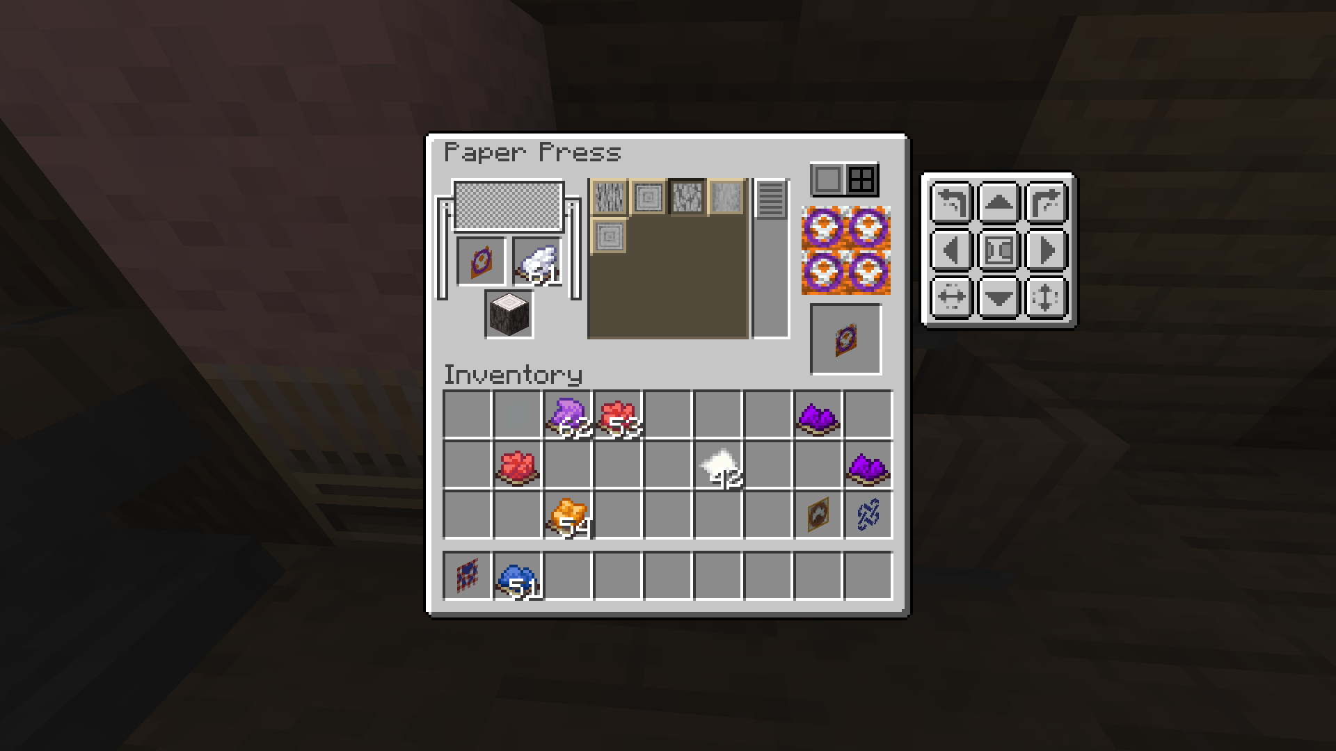 UI similar to loom. is a orange polka dot pattern with purple circle wallpaper slot and white dye in dye slot; Block slot has pale oak log. There is a preview with a grid of 4 patterns, the same pattern in the wallpaper slot. There are buttons on the side for rotating, flipping, wrapping, and moving the wallpaper pattern. The pattern list has various wood log textures.