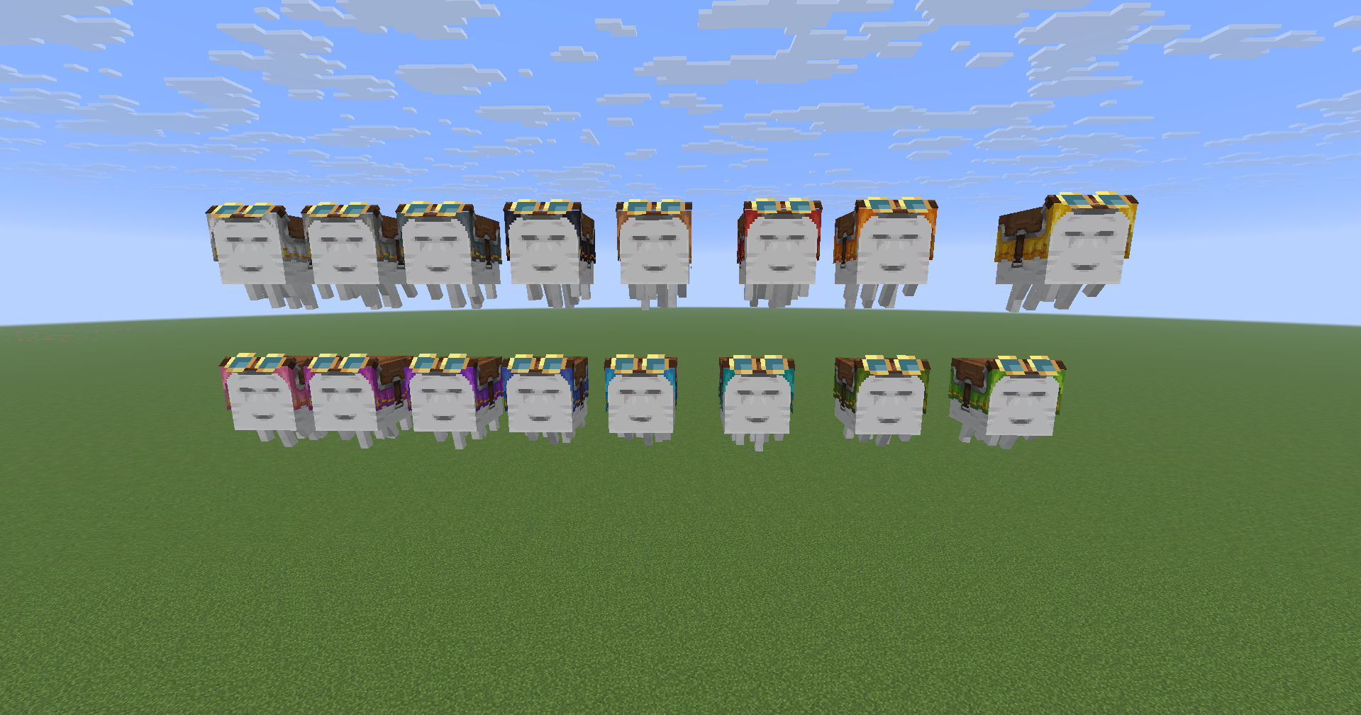 A display of all happy ghast harness colors