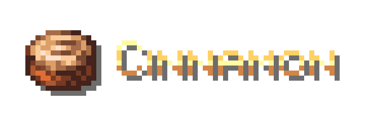 A fancy box with a sienna background and gold trim containing a pumpkin pie on the left of a pixelated word: Cinnamon.