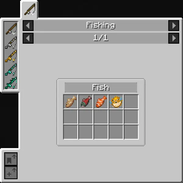 A photo of a JEI GUI showcasing fish that can be caught.