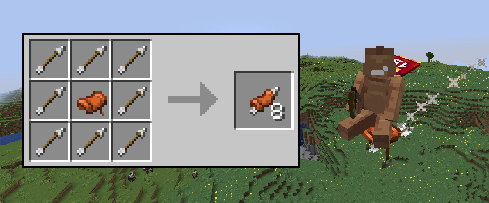 crafting recipe of the saddle arrow and a gameplay screenshot in the background