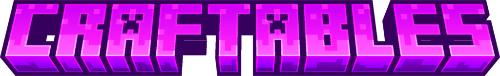 purple text in the style of minecraft's logo that reads "CRAFTABLES"