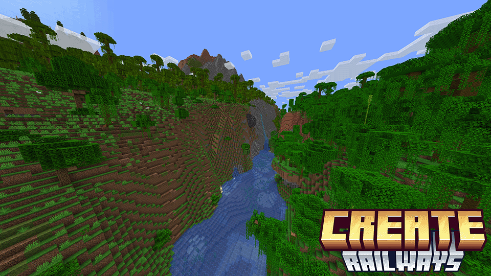 Minecraft screenshot showing a river in a valley in a jungle biome, with the Create Railways logo in the bottom right corner.